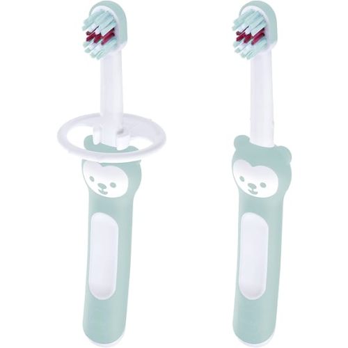 MAM Baby Toothbrushes (2 Baby's Brushes and 1 Safety Shield), Toothbrushes with Brushy the Bear Character, Interactive App, For Boys 6+ Months