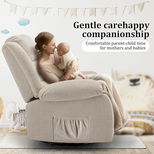 Recliner Chair, Wide Rocker Chair, Rocking Chair with Massage and Heat,360°Swivel Nursery Rocking Chairs, Oversized Recliner for Adults, Cashmere Reclining Sofa for Living Room, Beige