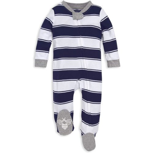 Burt's Bees Baby Boys' Sleep and Play Pjs, 100% Organic Cotton One-piece Zip Front Romper Jumpsuit Pajamas - 3-6 Months - Navy Rugby Stripe