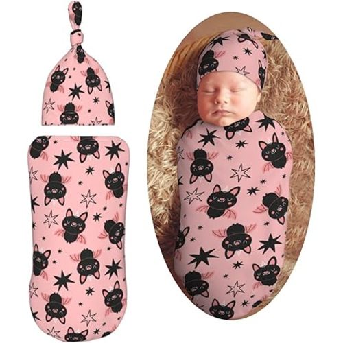 Halloween Cute Cartoon Bat Newborn Swaddle Blanket with Beanie Set Soft Baby Sleep Sack Stretch Adjustable Swaddle Wraps Receiving Blankets