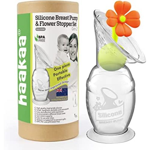 haakaa Manual Breast Pump with Suction Base and Flower Stopper Set for Breastfeeding (5oz/150ml)(Orange)