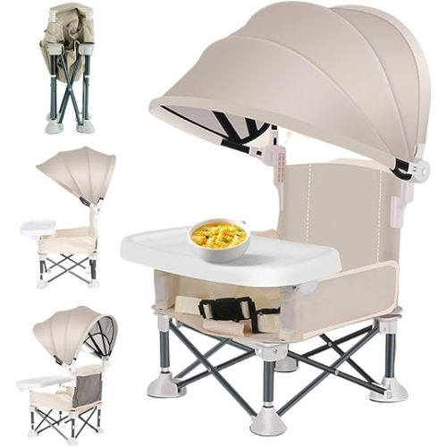 Baby Chair with Awning, Folding Baby Camping Chair with Detachable Dining Tray, Portable High Chair with Safety Strap for Travel Outdoor Indoor, Khaki, Travel Highchair