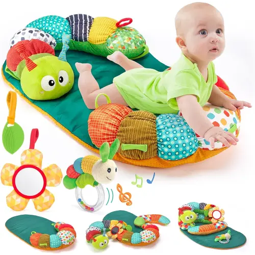 hahaland Baby Tummy Time Pillow Mat - 3-in-1 Baby Toys 0-3-6 Months with Tummy Time Toys Mirror Teether Rattle, Baby Sensory Toys for Infant Newborn Gifts for Boys Girls