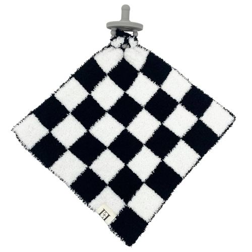 Checkered Baby Lovey Pacifier/Teether Holder 10"x10" - DreamSoft Knitted Cuddly Soothie Reversible Mini Comfort Blanket - Cute Newborn Gift Essential for Babies Boys and Girls (Black/White)