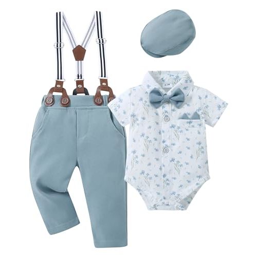 YALLET Baby Boy Clothes Suit Newborn Infant Gentleman Outfits, Formal Dress Shirt+ Bowtie+ Suspender Pants Wedding Party Set