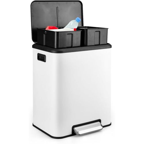 TrailBlaze Trash Can, 2 x 4 Gal (2 x 15L) Stainless Steel Double Trash Can with Recycling Bin, Soft-Close Lid, Step-on Garbage Bin, White (with Removable Plastic Inner Buckets)