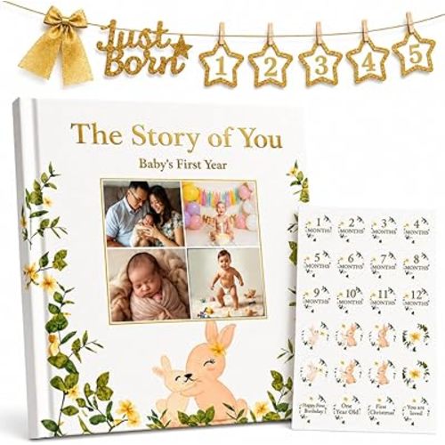 Baby Memory Book First Year – Hardcover Keepsake Journal with Monthly Milestone Stickers & Photo Banner, Gender Neutral Baby Book from Pregnancy to First Birthday, Baby Shower