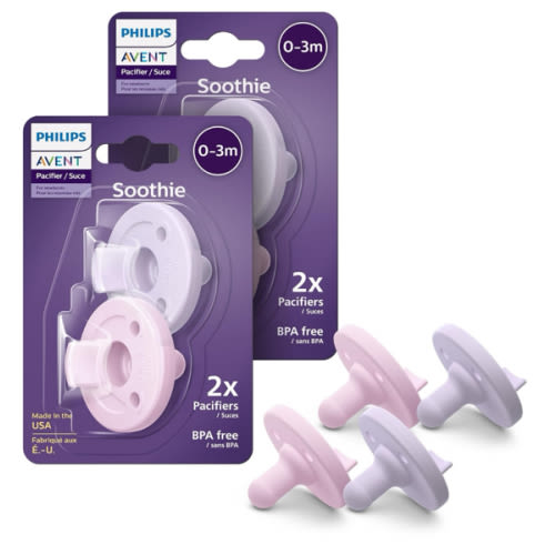 Philips Avent Soothie Orthodontic Baby Pacifiers, 100% Silicone Pacifiers, One Piece, BPA-Free, for Babies 0-3 Months, 2 Lilac and 2 Pink, 4 Pack, Model SCF190/70