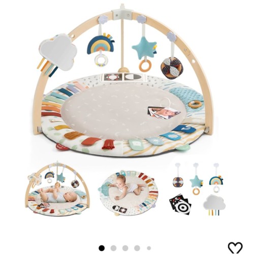 Blissful Diary Baby Play Gym & Activity Mat, 5 Developmental Zones Wooden Tummy Time Mat with 5 Detachable Sensory Toys for Motor Skills & Sensory Development, Baby Essentials Shower Gift