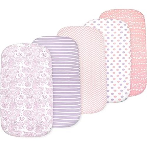 5-Pack Organic Fitted Bassinet Sheets, Compatible with Halo, Snoo, Graco, Dream On Me, Delta, and Other Standard Size Bassinets - Fits Oval, Hourglass, & Rectangle Shapes (Size 32 x 16 x 4 Inches)
