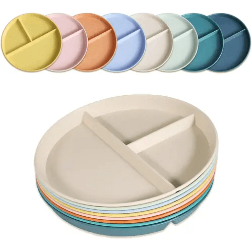 Divided Plates for Adults (8 Packs), Unbreakable Portion Control Plate Sectioned with Dividers, 9 Inch Plastic Food Separator Dinner Plates Lightweight Compartment BPA Free Reusable Microwave Safe