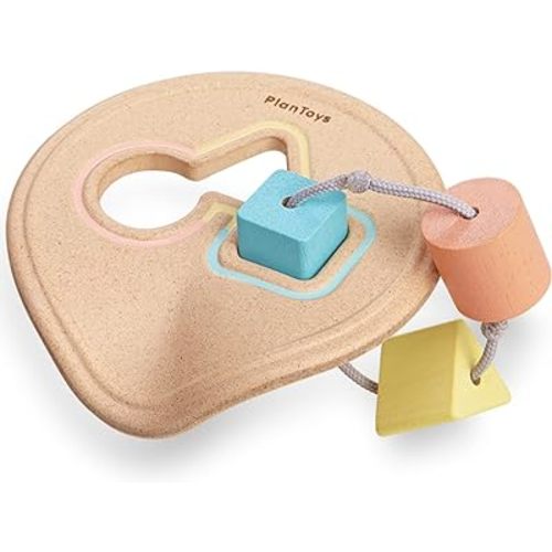 PlanToys Wooden Shape Sorter and Teether Baby Toy (5259) | Pastel Color Collection |Sustainably Made from Rubberwood and Non-Toxic Paints and Dyes | Eco-Friendly PlanWood