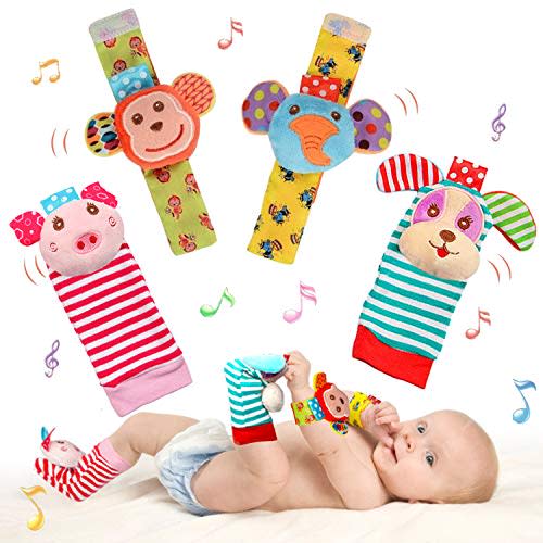 SSK Soft Baby Wrist Rattle Foot Finder Socks Set,Cotton and Plush Stuffed Infant Toys,Birthday Holiday Birth Present for Newborn Boy Girl 0/3/4/6/7/8/9/12/18 Months Kids Toddler,4 Cute Animals