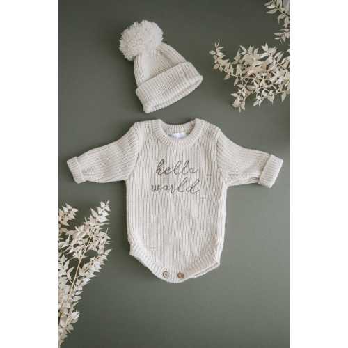 Newborn Knit Romper & Hat – Baby Coming Home Outfit – Gender Neutral Clothes – Hello World Bodysuit – Baby Shower Gift – Infant Photo Prop