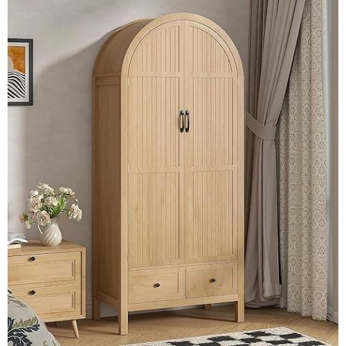 Wardrobe Closet, Armoire Wardrobe Closet with Drawers and 2 Arched Fluted Doors, 70.87‘’ Tall Wooden Bedroom Armoires with Shelves and Hanging Rod (Wood Color)