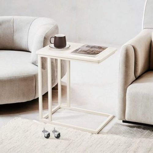 VASAGLE End Table C Shaped TV Tray Rolling Casters for Coffee Laptop Mobile Tablet Side Table Cream White