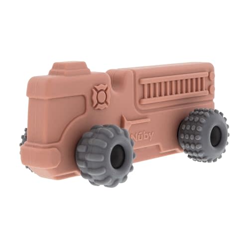 Nuby Silicone Teether Toy for Babies – Textured Teething Car with Moving Wheels, Easy to Hold, Soothes Sore Gums, Encourages Tactile Development & Hand-Eye Coordination, Red Firetruck