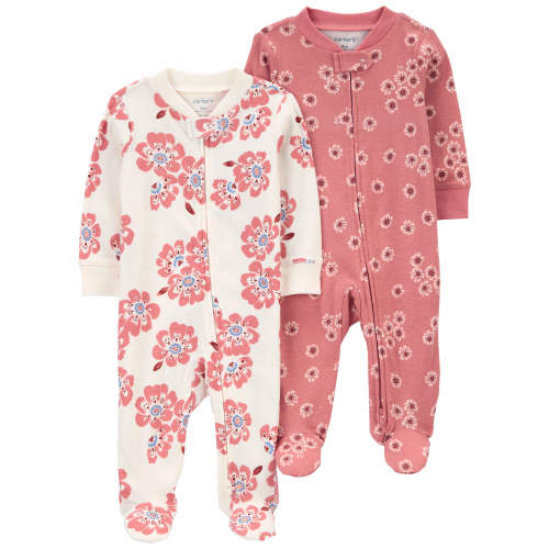 Baby 2-Pack Floral 2-Way Zip Cotton Sleep & Plays - 3M - Style,Pink/Ivory