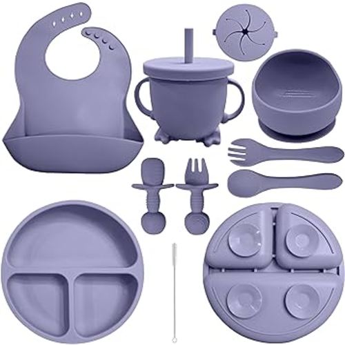 Baby Led Weaning Supplies | 10 Piece Silicone Feeding Set | Baby Toddler Bib Cup Divided Plate and Bowl Self Feeding Spoons Dish Set | Baby Utensils | Toddler Feeding Supplies (Purple)