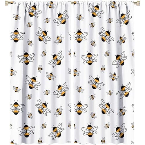Bees Blackout Window Curtains for Kids, Cute Flying Bees Insects Room Darkening Rod Pocket Windows Treatments for Kids Children Girls Boys Bedroom Study Room 42x45in