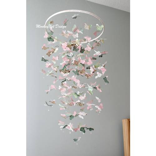 Woodland/pink green/sage/gold/white/Butterfly mobile/pink butterflies/Crib Mobile/Nursery Decor/Baby shower/Girl room/Nursery mobile/gift