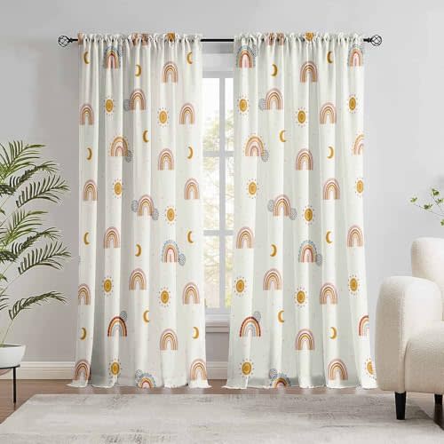 Boho Rainbow Curtains Cute Rainbow Sun and Moon Drapes for Girls Bedroom Bohemian Cartoon Light Filtering Curtains for Living Room Nursery Curtain Kids Window Curtain 84 inches Long 2 Panels Set