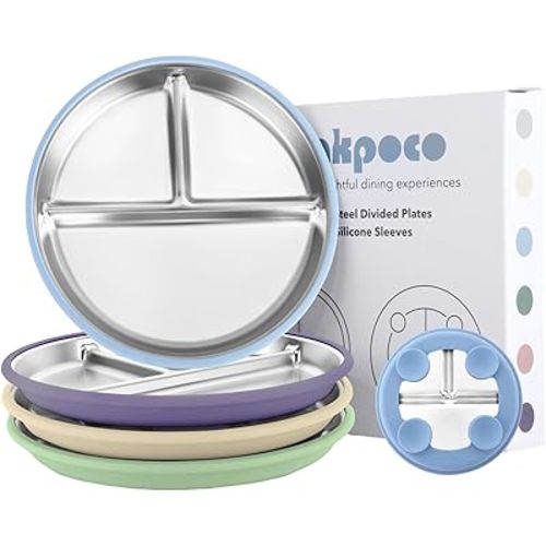 Stainless Steel Suction Plates for Toddlers, 9" Divided Kids Baby Plates with Removable Silicone Suction, Non Toxic Non Slip Portion Control Snack Dishes 4 Packs, Blue Green Purple Beige