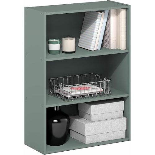 Furinno PASIR Book Shelf, 3-Tier Bookshelf, Storage Shelves Bookcase, 9.7 x 23.7 x 31.5, for Living Room, Bedroom, Home Office, Sage Green