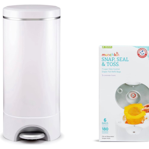 Munchkin STEP Diaper Pail Powered by Arm & Hammer, #1 in Odor Control, Award-Winning, Includes 7 Snap, Seal & Toss Bags, 1 Starter Refill Ring, and 1 PUCK Baking Soda Cartridge