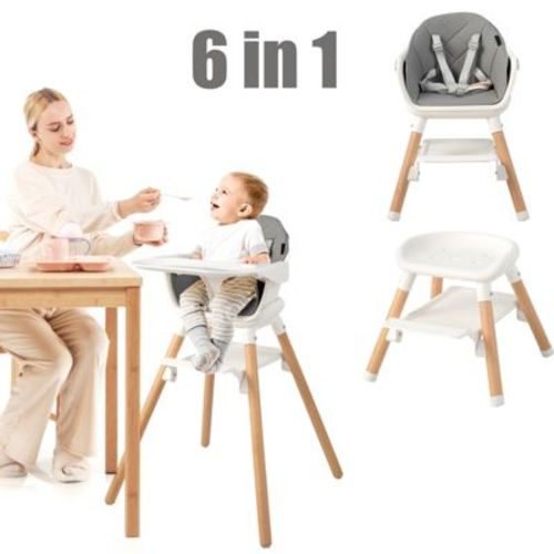 Infans 6 In 1 Convertible Wooden Highchair For Babies And Toddlers, Removable Double Tray & Reversible Footrest, Safety Harness For Infant, Gray