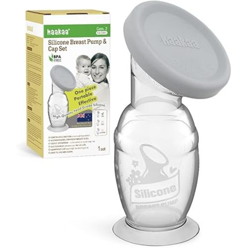 haakaa Manual Breast Pump & Silicone Cap Combo for Nursing Mom (Gray, 4oz. with Base)