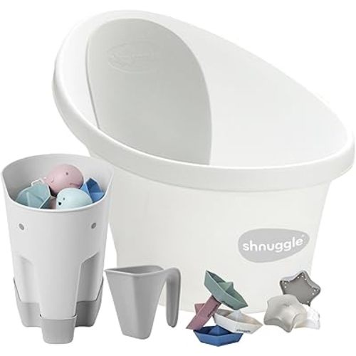Shnuggle Baby Bath + Accessories Bundle | Includes Infant Tub with Bum Bump Support, Ellie Toy Scoop, Washy Rinse Jug, Stack n Sail Boats & Wishy Sensory Toy | 5-Piece Set, White & Grey