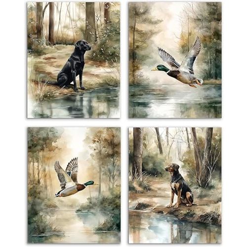 AJIPUX Mallard Duck Hunting Dog Wall Art Prints Set of 4, Hunting Decor for Boys Room, Rustic Watercolor Forest Scene Black Lab Wall Decor for Cabin Lodge Nursery Home Living Room, 8x10 Unframed