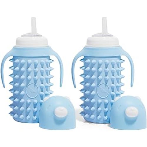 Set of 2 Glass Sippy Cup for toddlers/The Spikey Bear / 8oz / Strong glass/Protectitive silicone sleeve/Leakproof straw (Large)