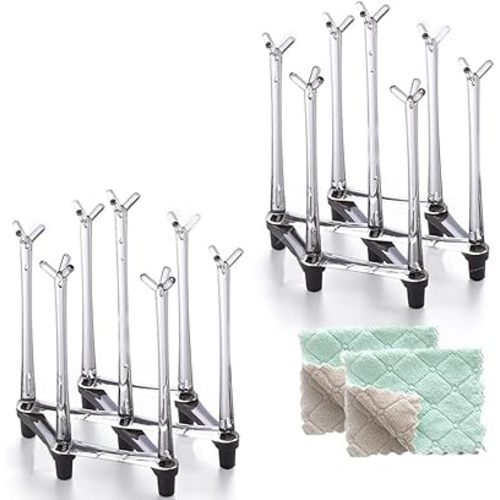 Marbrasse Retractable Cup Drying Rack, Drinking Glass and Sports Bottle Drainer Stand, Plastic Bag Dryer with Non-Slip Bottom for Kitchen Countertop, 2p