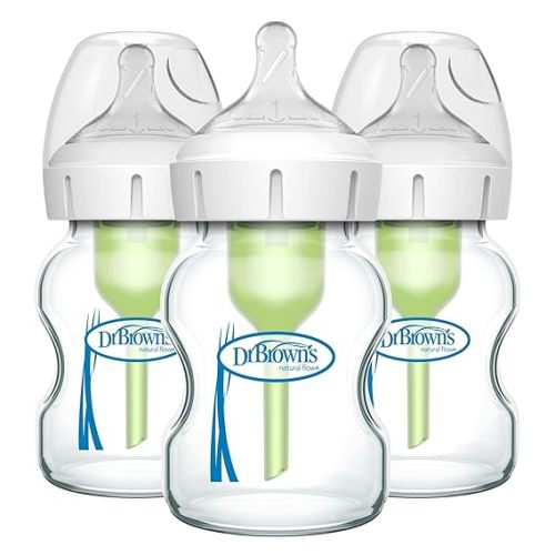 Dr. Brown's Natural Flow Anti-Colic Options+ Wide-Neck Glass Baby Bottles 5 oz/150 mL, with Level 1 Slow Flow Nipple, 3 Pack, 0m+