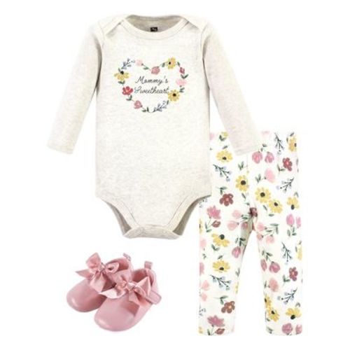 Hudson Baby Infant Girl Cotton Long-sleeve Bodysuit, Pant And Shoe Set, Soft Painted Floral, 0-3 Months