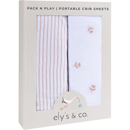 Ely’s & Co. Pack and Play Sheets, for Mini/Portable Crib, 2 Pack Fitted Playpen Play Yard Sheet Set Compatible with Graco Pack n Play, for Baby Girls, 100% Cotton, Pink Tulips and Stripes, 38”x24”x5”