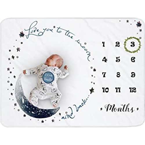 Moon Baby Monthly Milestone Blanket Boy, Newborns Month Blanket Gift for Baby Shower, Soft Plush Photo Prop Blanket for Boy&Girl, Wreath &12 Stickers Included, Large 51''x40''