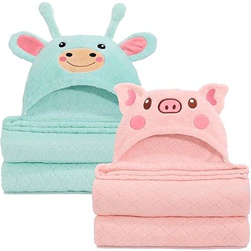 Baby Hooded Towel Toddlers, 50 x 32 Inch Large Toddler Towel Hooded Set,2-Pack Thick Animal Bath Towels,Ultra Absorbent for Kids Cozy and Warm-Bath Essential Green Giraffe and Pink Pig