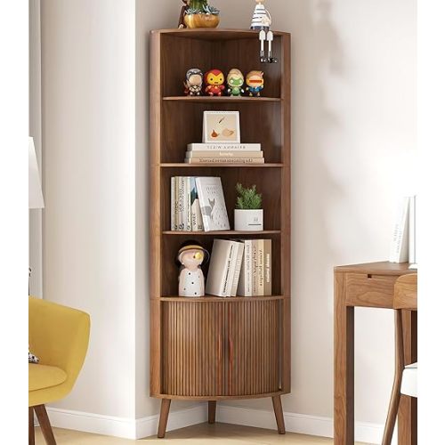 5-Tier Corner Shelf, 66.73''Tall Modern Corner Bookshelf, 5 Shelf Bookcase with 2 Fluted Doors, Freestanding Wood Corner Display Storage Shelf Organizer for Living Room, Office (Walnut)