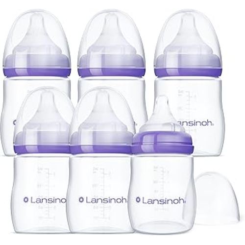 Lansinoh Anti-Colic Baby Bottles for Breastfeeding Babies, 5 Ounces, 3 Count, Includes 3 Slow Flow Nipples, Size S (Pack of 2)