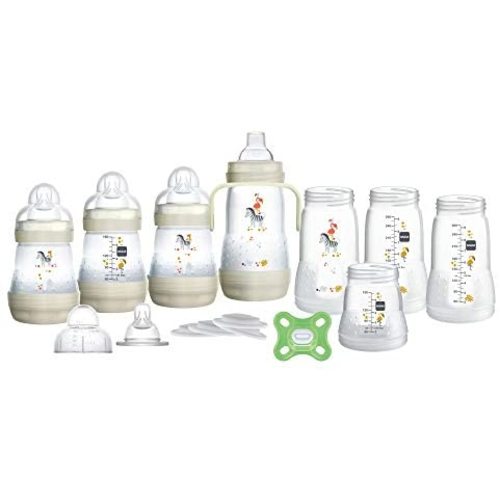 MAM Baby Gift Set, Best Pacifier & Baby Bottle for Breastfed Babies, Grow with Baby' Set, Unisex, 19Count, White, 5 oz. & 9 oz. Bottles