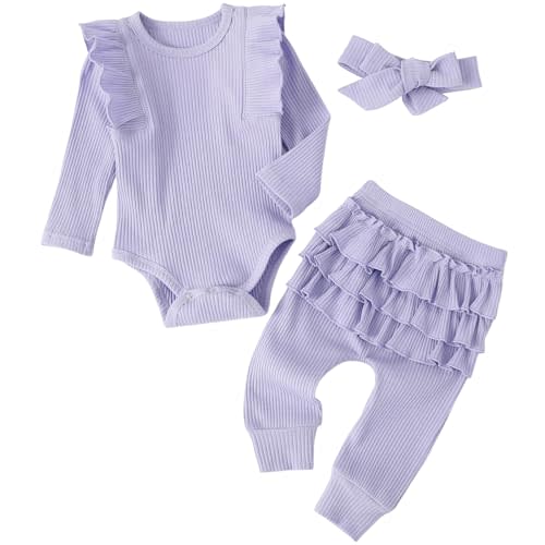 Fullfamous Baby Girl's 3pc Rib Frill Long Sleeve Romper and Pant Set