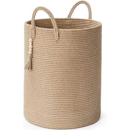 TIMEYARD Tall Laundry Basket, 16'' x 20'' Woven Basket with Handle, Blanket Basket Living Room Dog Toy Basket, Decorative Wicker Baskets for Dirty Clothes Pillows Towel, Jute