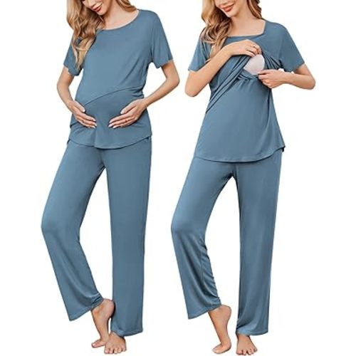 Ekouaer Women 3 in 1 Delivery/Labor/Maternity/Nursing Nightgown Short  Sleeve Pleated Breastfeeding Sleep Dress(S-XXL)