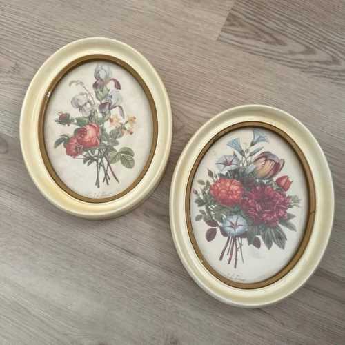 Set of 2 Antique Jean-Louis Prévost Floral Art Prints in Vintage Oval Frames