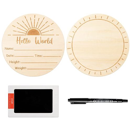 R HORSE Baby Birth Announcement Sign with Marker Pen, Boho Sun Baby Name Sign with Ink Pad for Hand and Footprints, Wooden Hello World Newborn Announcement Nursery Decor Keepsake Gifts