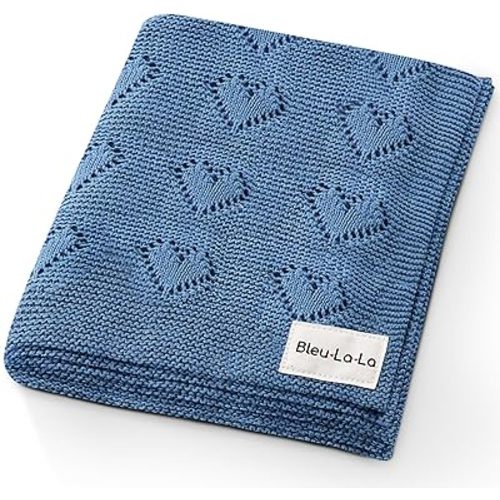 Cotton Heart Knit Swaddle Baby Blanket for Boys - Soft Warm Cozy Swaddling Receiving Cuddle Stroller and Crib Blanket for Newborns, Infants & Toddlers (Denim, 0-2 Years)