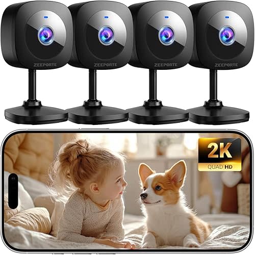 ZEEPORTE 2K Indoor Cameras for Home Security - Baby Monitor and Dog Pet Camera with Motion Detection, 2-Way Audio, Night Vision, Siren, Wired Security Camera - Works with Alexa and Google Home(4-Pack)
